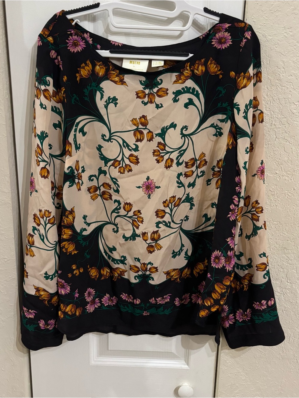 Anthropologie Maeve Floral Blouse in Cream, Black & Green 100% silk
